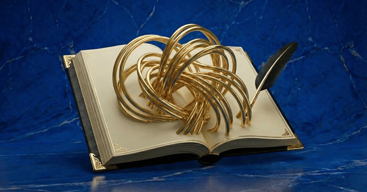 A black journal with complex golden threads coming out of it symbolizing journal prompts for overthinking.