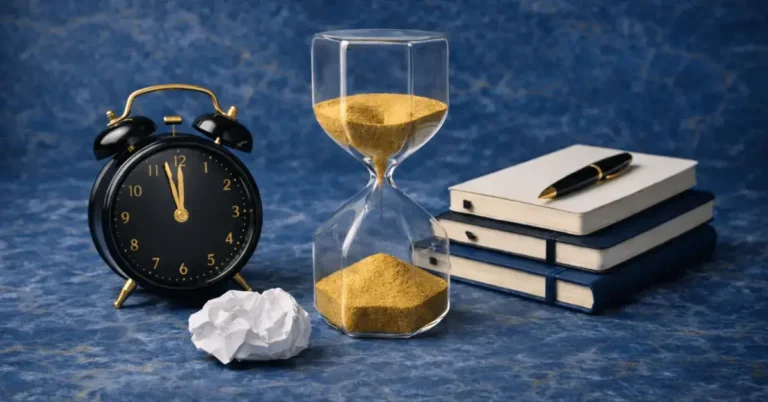 Hourglass with gold sand beside a black alarm clock and notebooks on a deep blue surface, symbolizing the Doom of Inaction method to stop procrastination.
