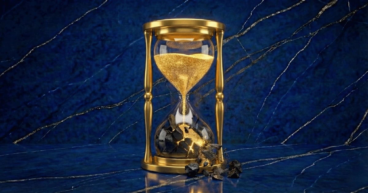 Golden hourglass breaking at the bottom symbolizing the doom of inaction method to stop procrastination.