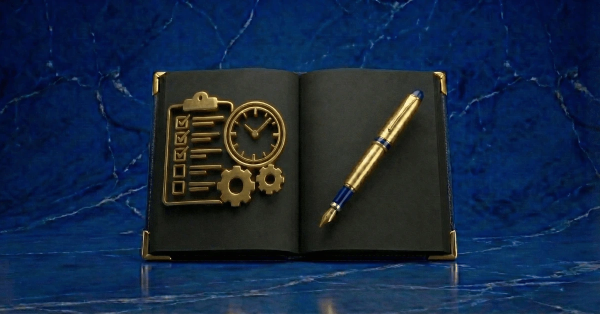 Productivity journaling setup with notebook and pen for building focus and daily productivity