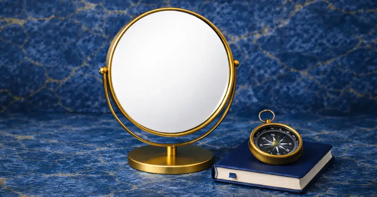 Symbolic image of the Enneagram as self-discovery or self-deception, shown through reflection and direction