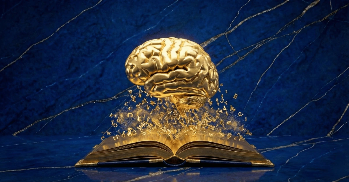Golden brain absorbing content from a book representing remembering what you read and fixing reading retention.