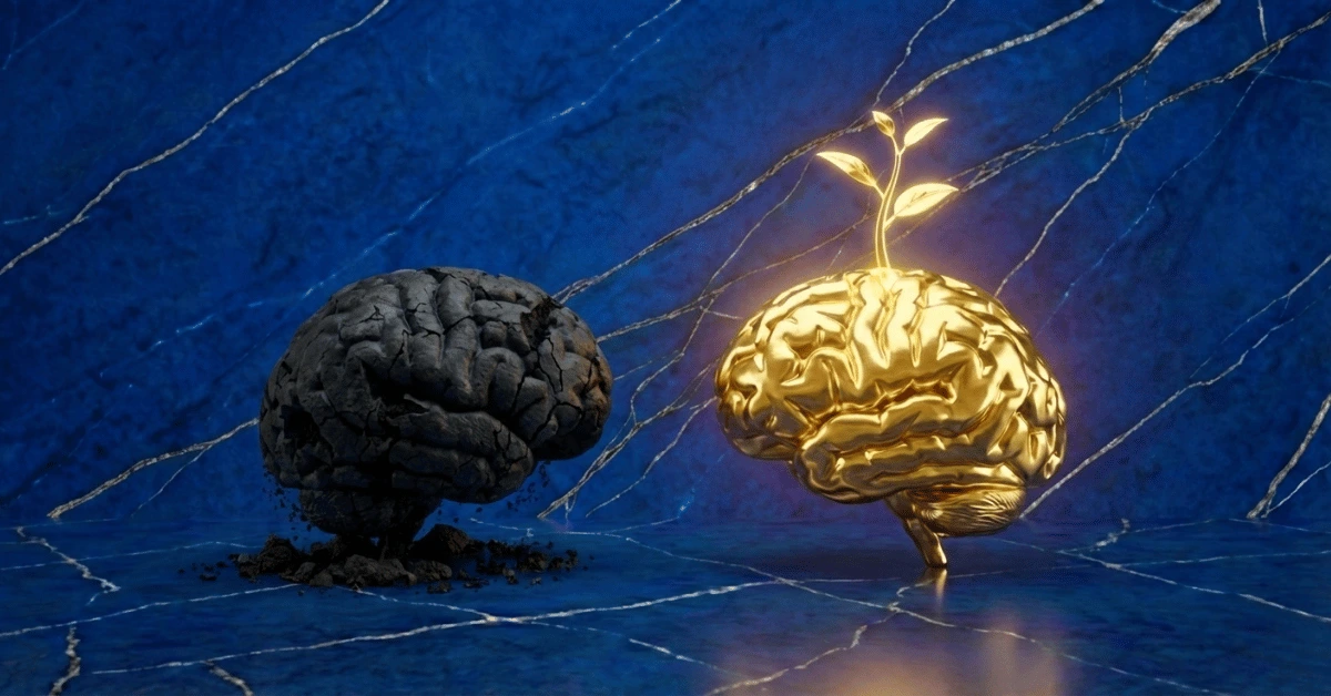 A black brain representing poor thinking and a golden brain representing rich thinking.