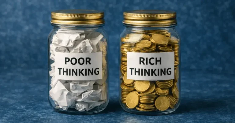 Two jars representing poor thinking versus rich thinking, symbolizing scarcity and abundance mindsets