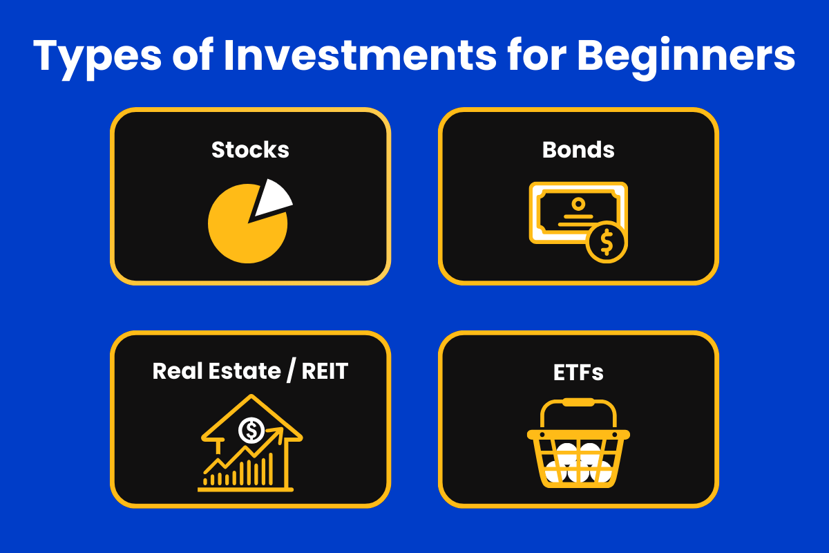 Types of investments for beginners: stocks, bonds, real estate / reits, and etfs