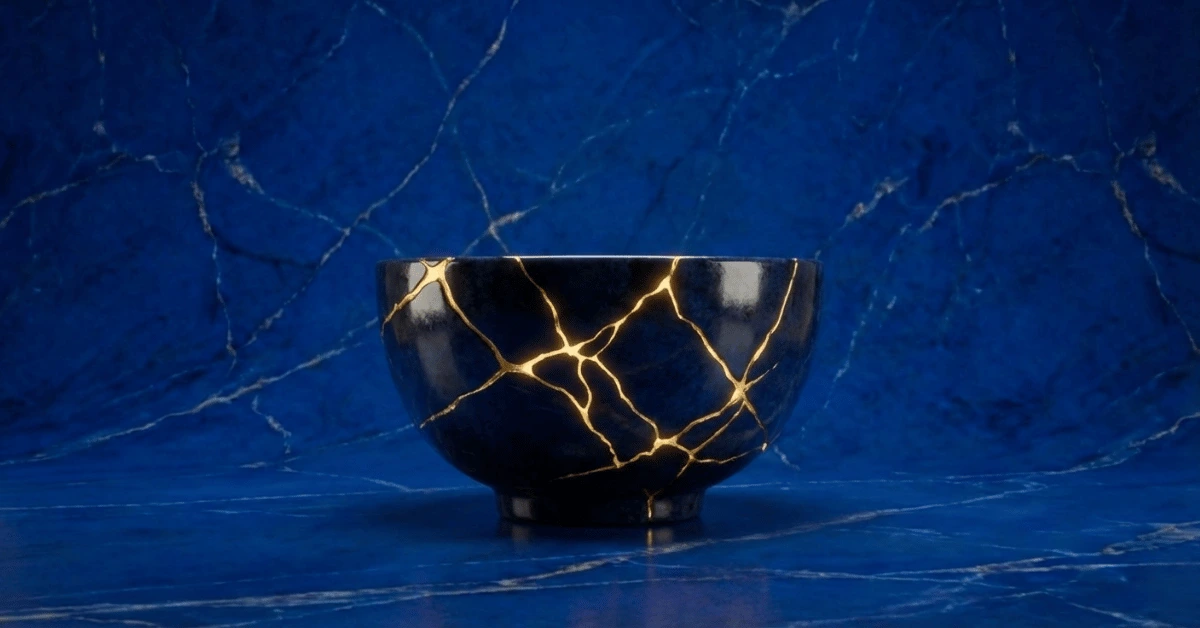 Black bowl with golden glue representing the kintsugi mindset and philosophy.