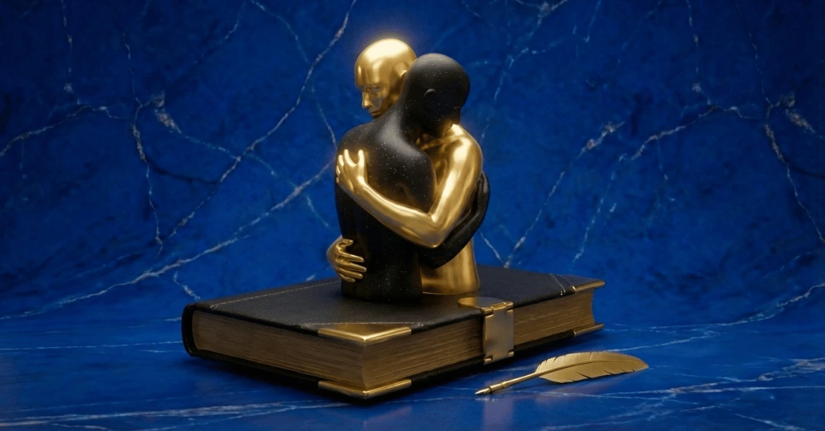 A golden figure embracing a shadow self atop a vintage blue notebook and pen, representing shadow work journal prompts for beginners.