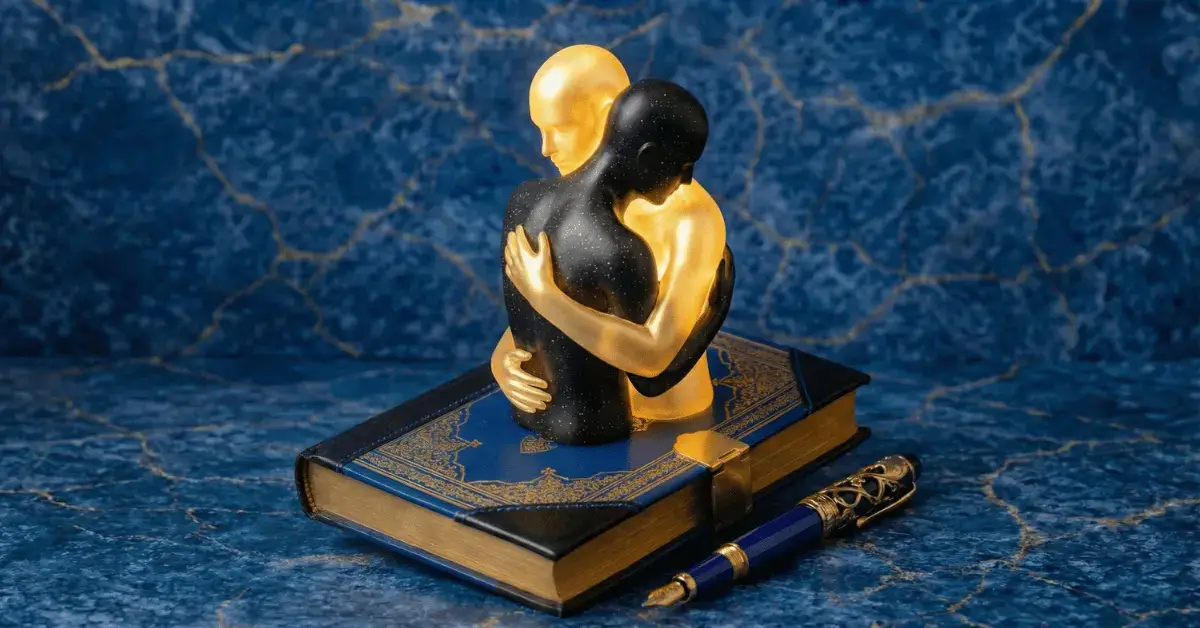 A golden figure embracing a shadow self atop a vintage blue notebook and pen, representing shadow work journal prompts for beginners.